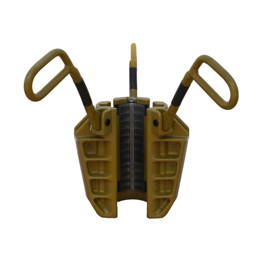 Yellow manual clamp with two loop handles and a serrated central jaw, used for gripping or lifting objects.