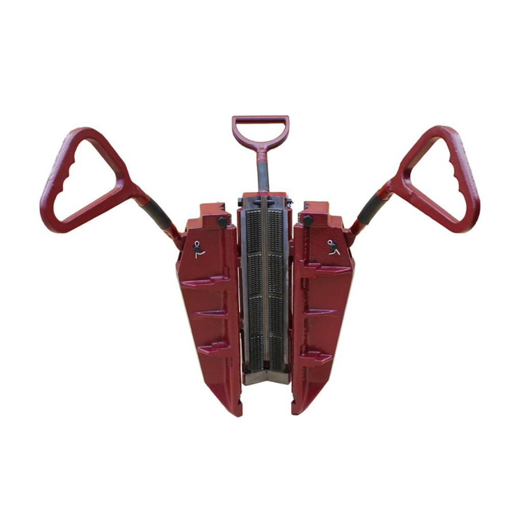 Red hydraulic rescue spreader (Jaws of Life) opened to grip; used for vehicle extrication.