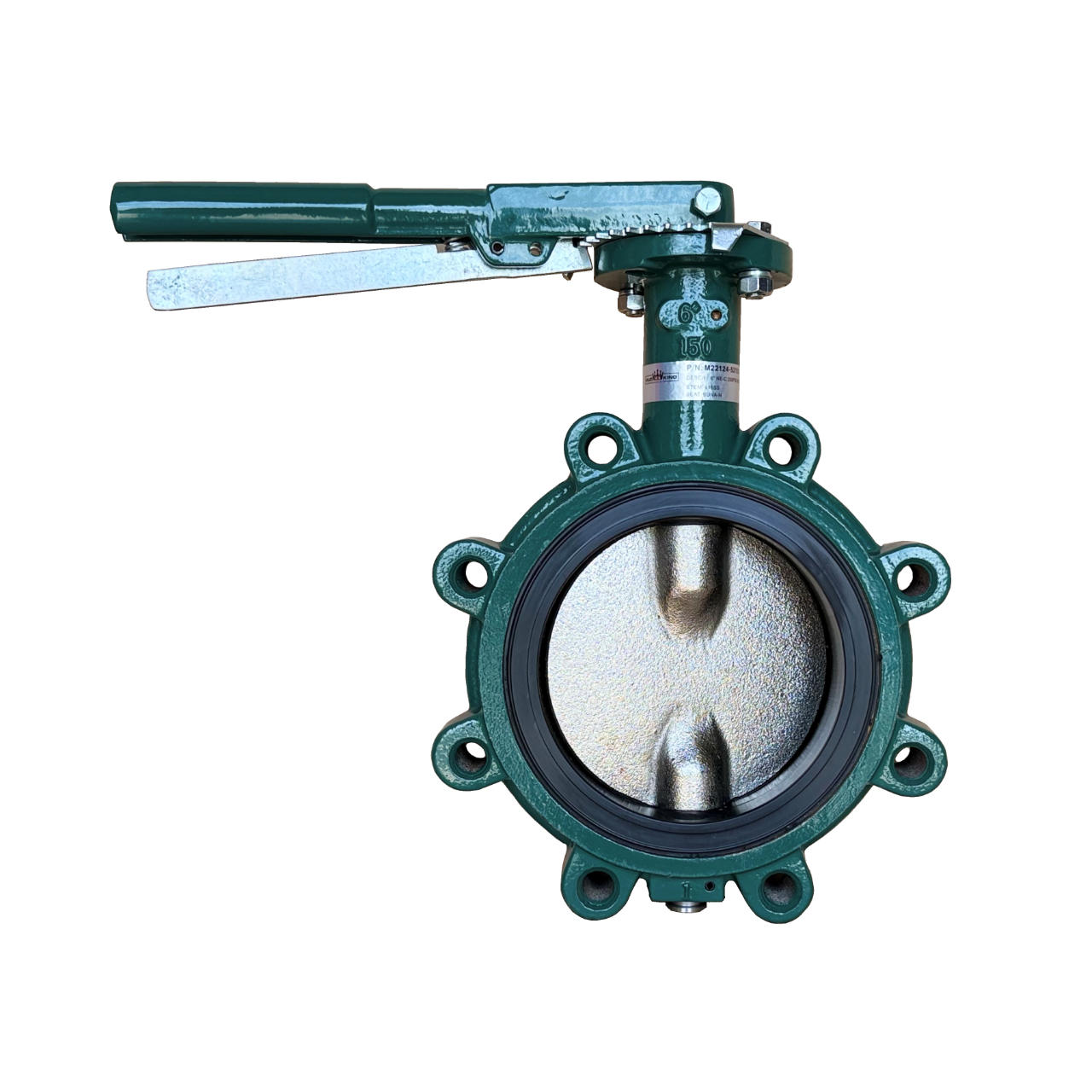 Green butterfly valve with a side-mounted lever actuator for flow control in piping systems, viewed front.
